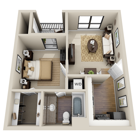 A 3D floor plan of a small apartment with a living room, kitchen, and bathroom.